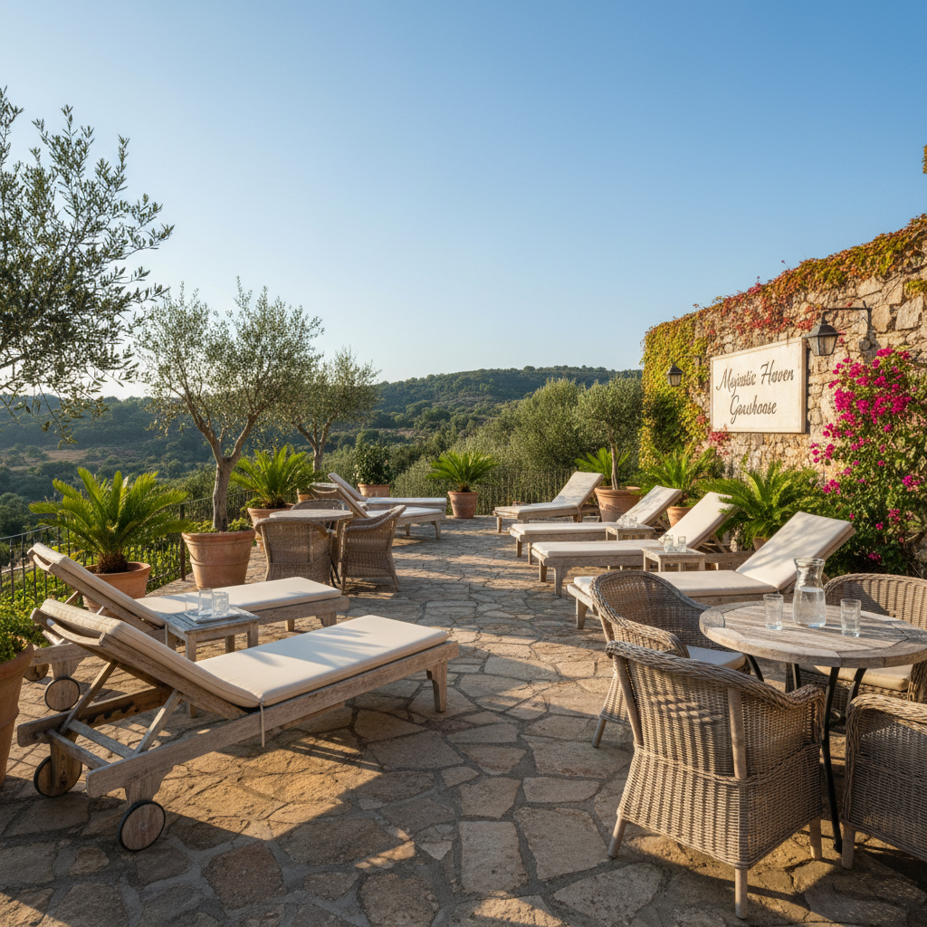 Sun terrace and garden outdoor seating area at Majestic Haven Guesthouse