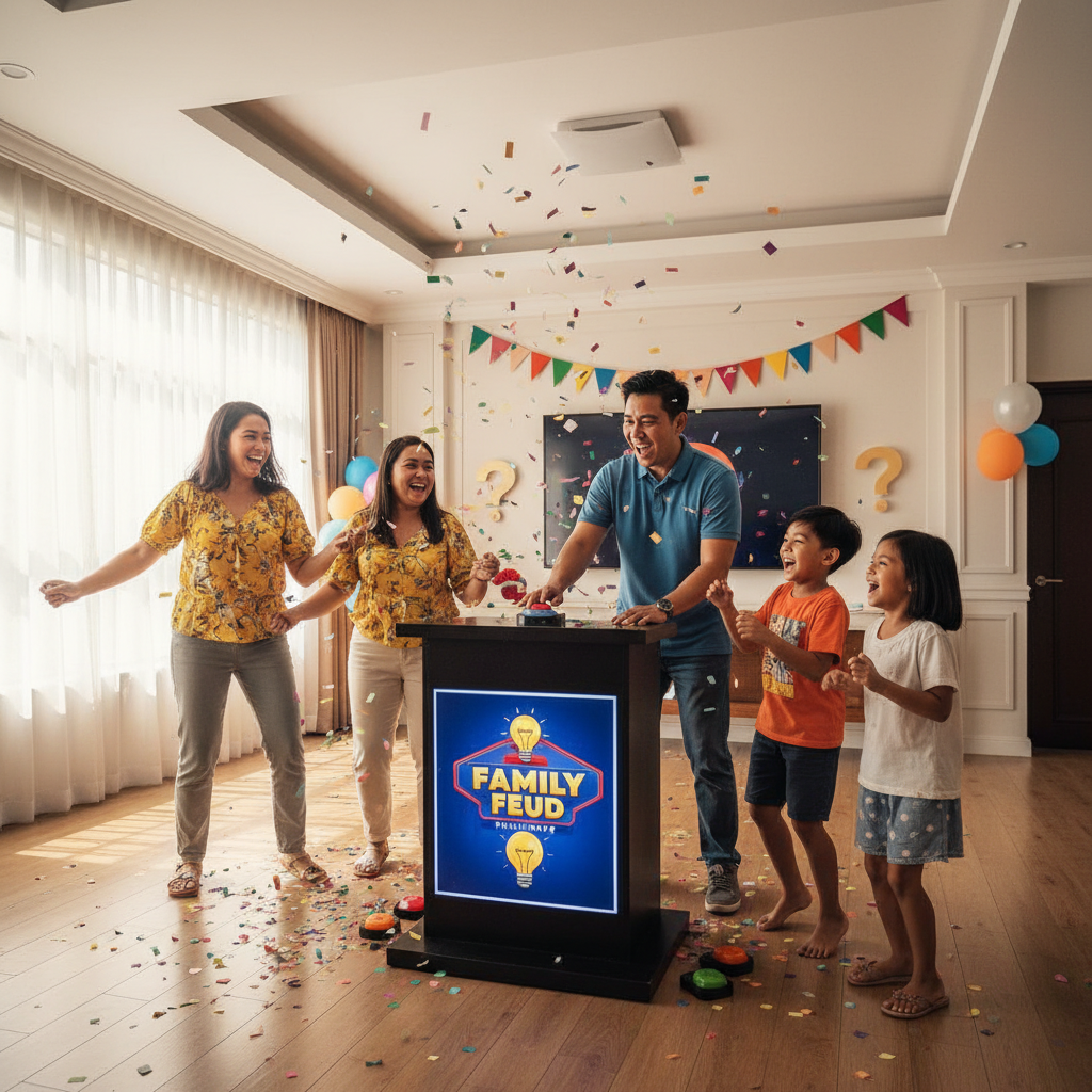 Filipino family in bright home, warm daylight, clean modern interior, light walls, airy open space