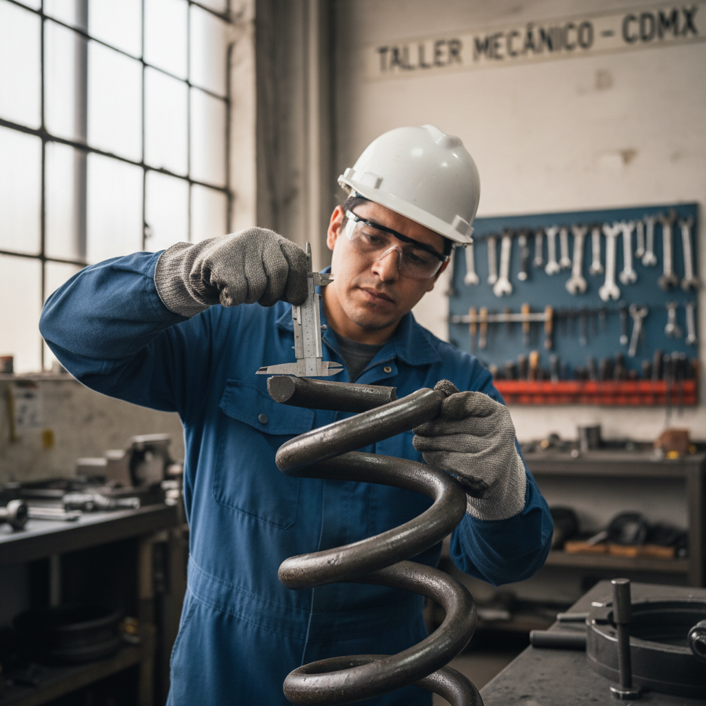 Técnico Jesús Ramírez con casco y guantes revisando resorte de torsión en taller de Portón CDMX