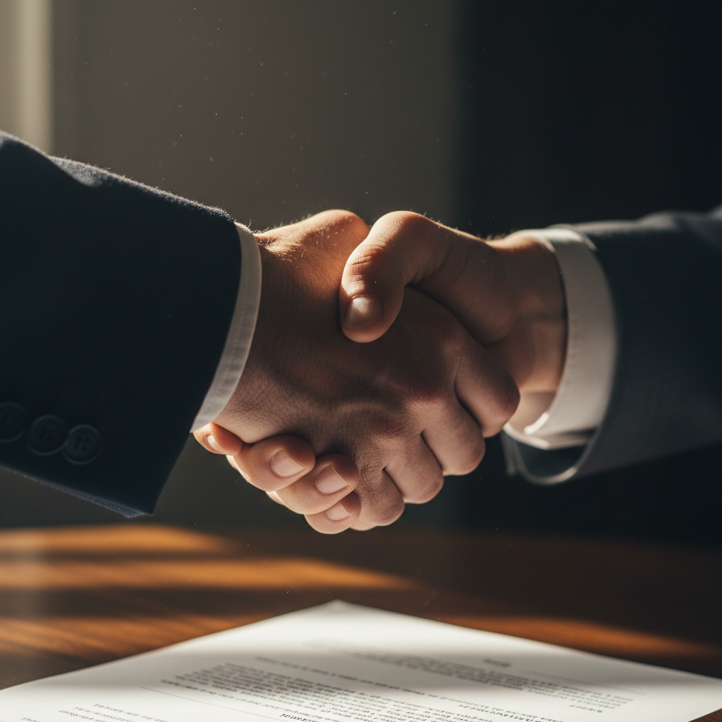 Handshake between two professionals in formal business setting, light background, trust and agreement