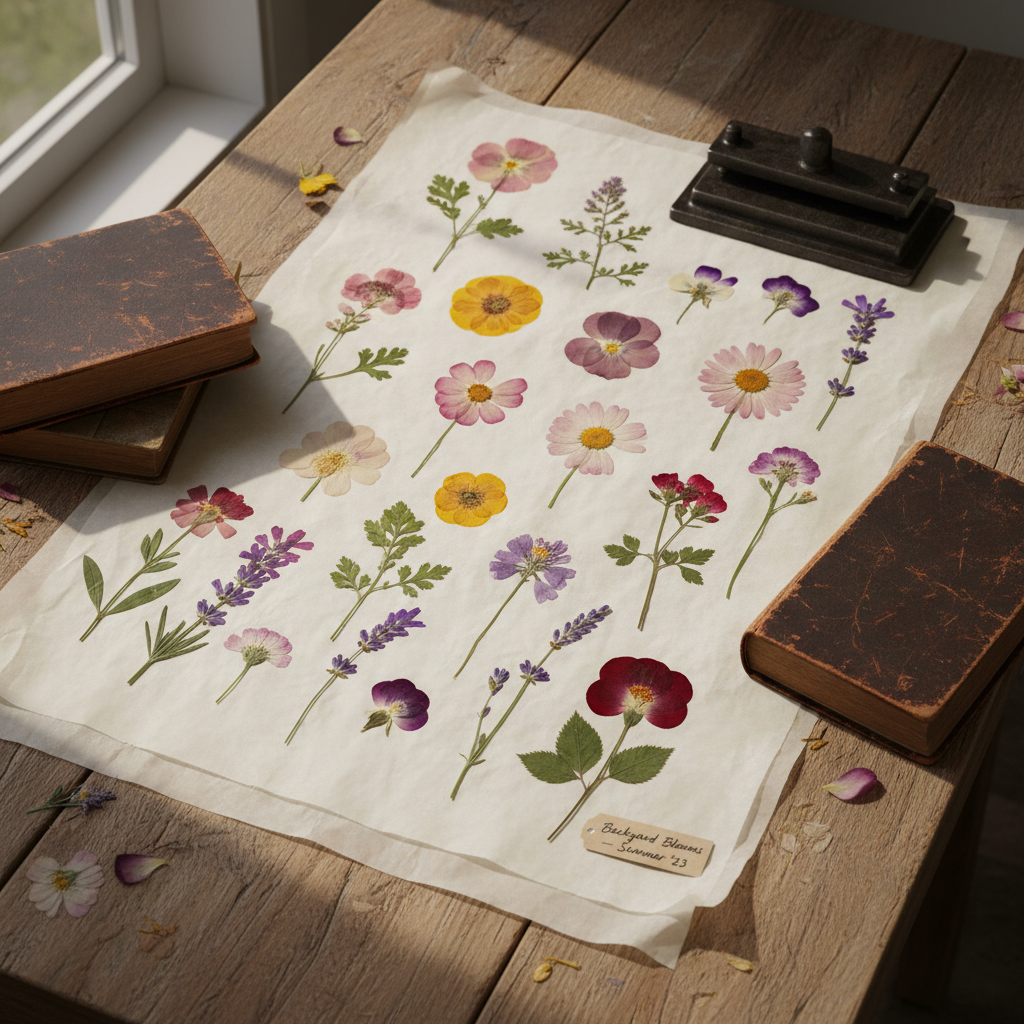 Botany Field Kit project by a 12-year-old: I pressed 14 flowers from our backyard.