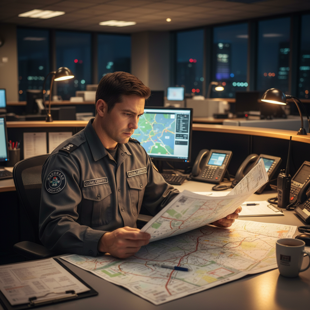 Professional male dispatcher in uniform at operations desk reviewing route maps under warm office light