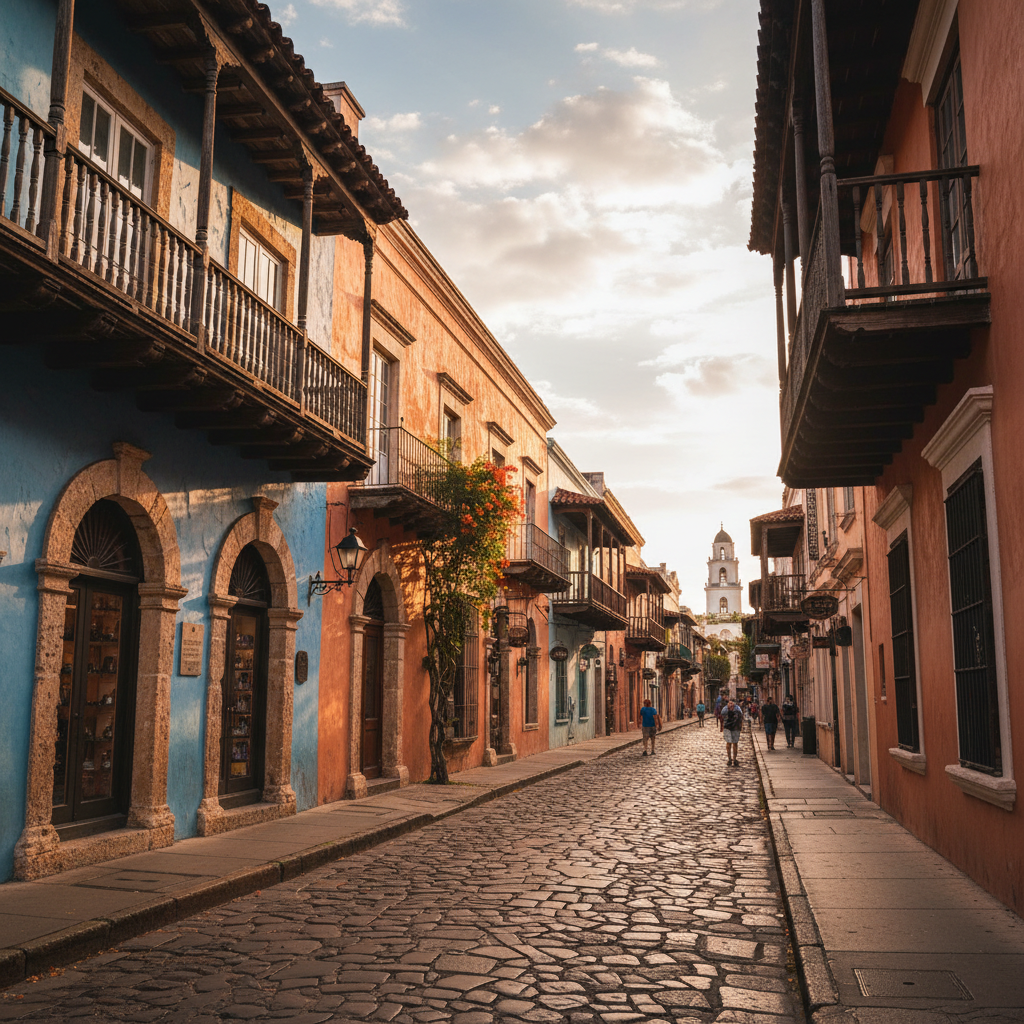 Charming historic street in St. Augustine Florida with Spanish colonial architecture
