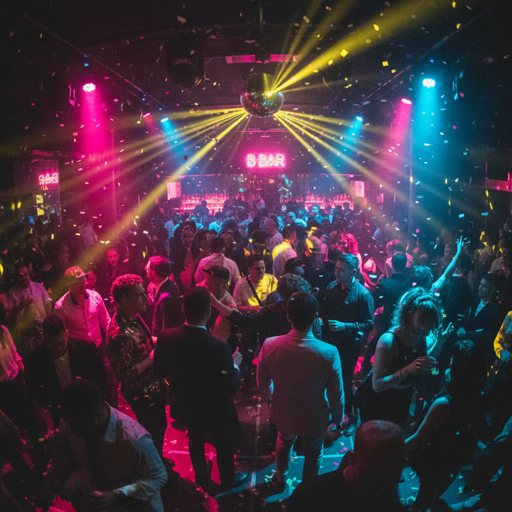 Beige club night at B Bar New York City with fashionable LGBTQ+ crowd and DJ