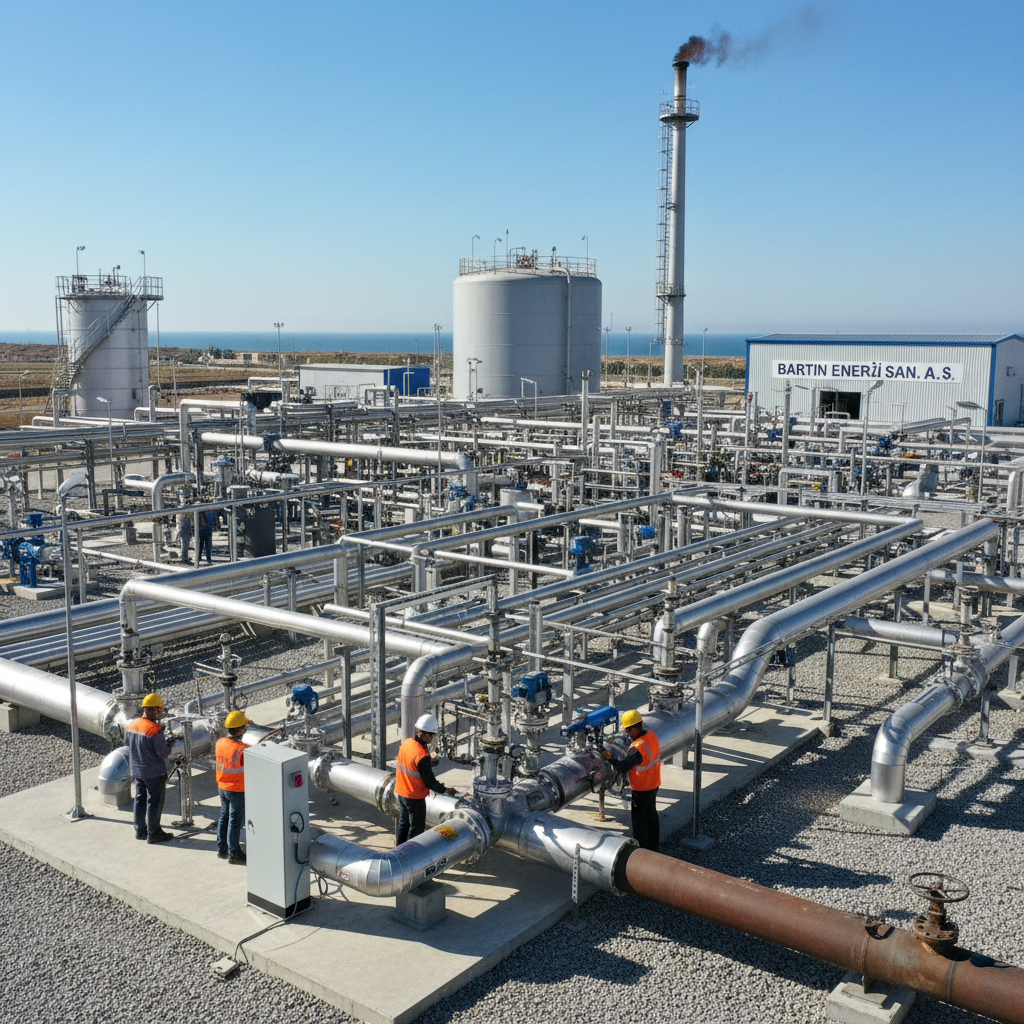 Worker wearing orange flame resistant coveralls at an industrial oil refinery