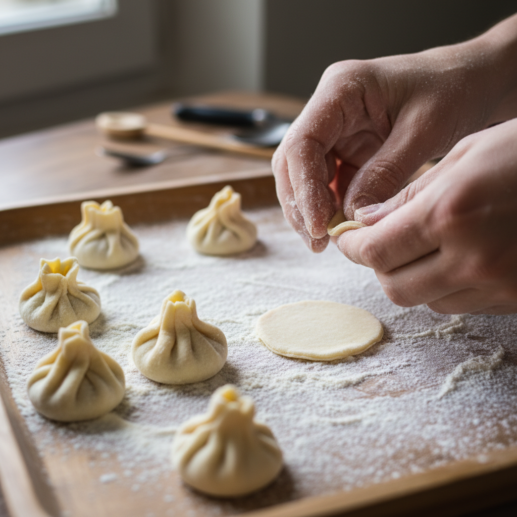 Hands folding mantı dumplings into small ear shapes on a floured tray