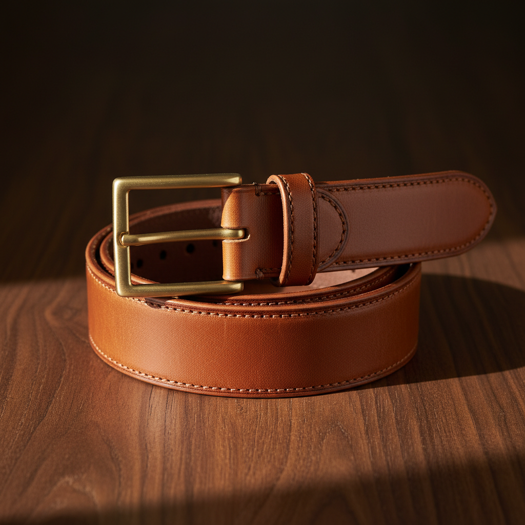 Structured leather belt in cognac brown, product on light stone surface, bright clean studio