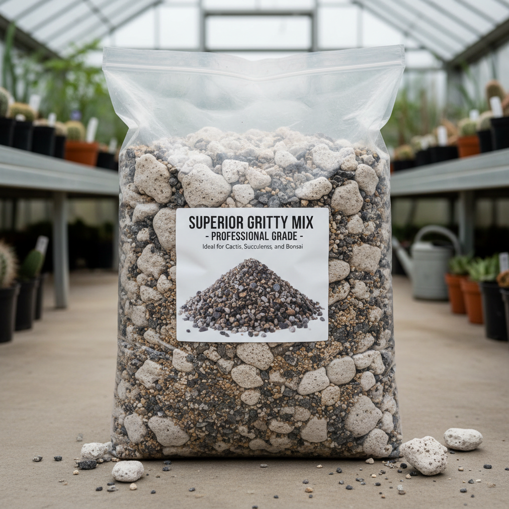 Large bag of professional gritty mix with visible pumice and granite particles on a greenhouse floor