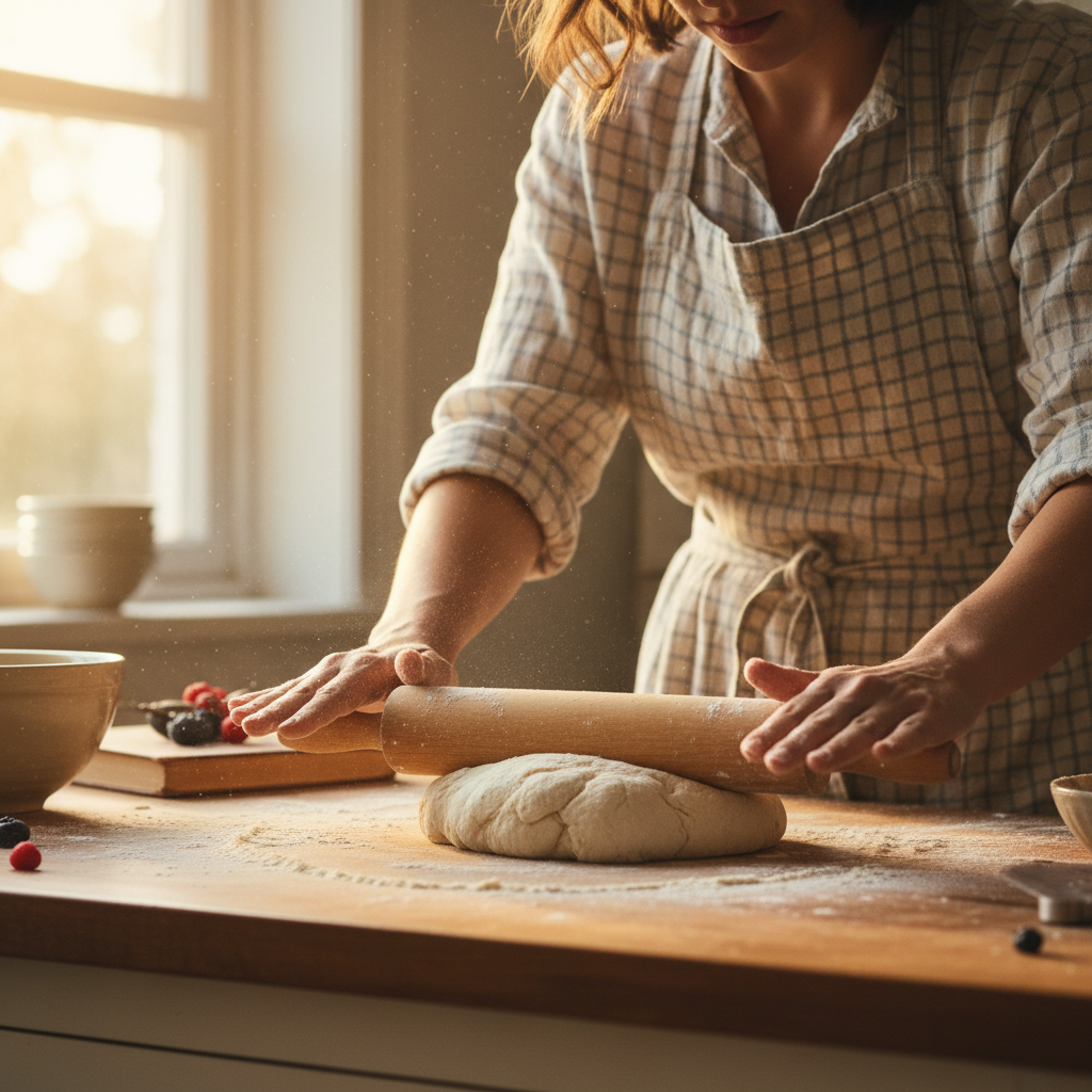 Home cook in apron rolling dough with natural light from window