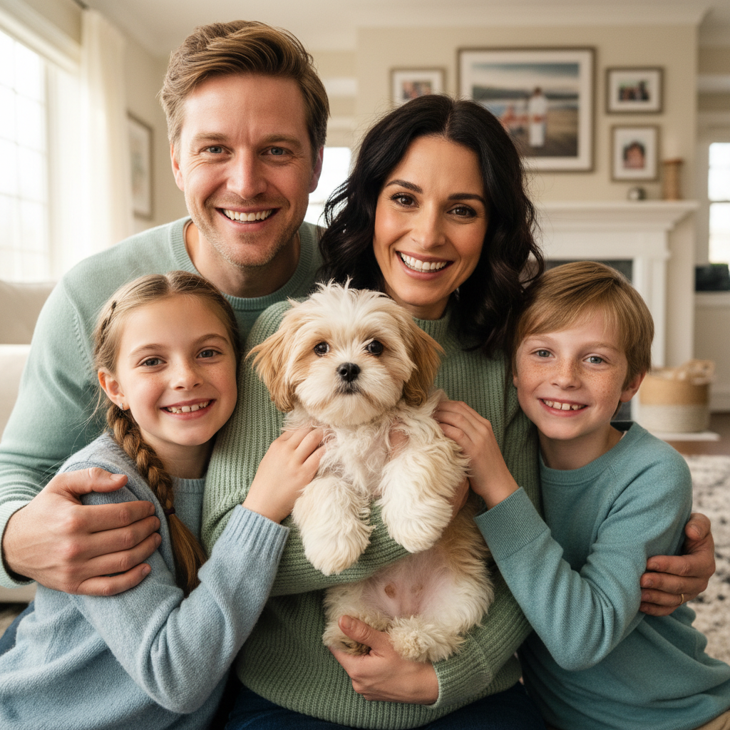 Happy family holding their new Shih Tzu puppy on adoption day