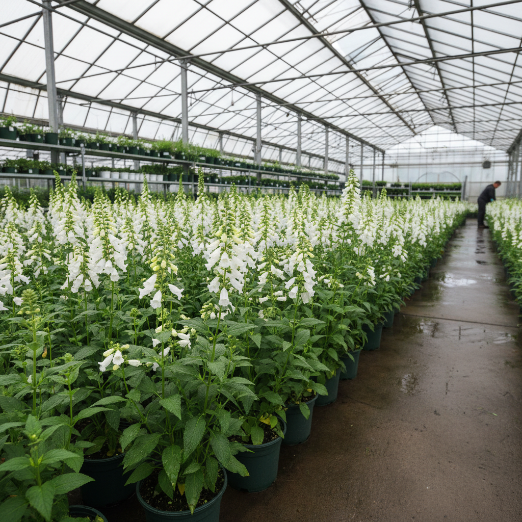 White foxglove beardtongue penstemon plants in greenhouse nursery pots