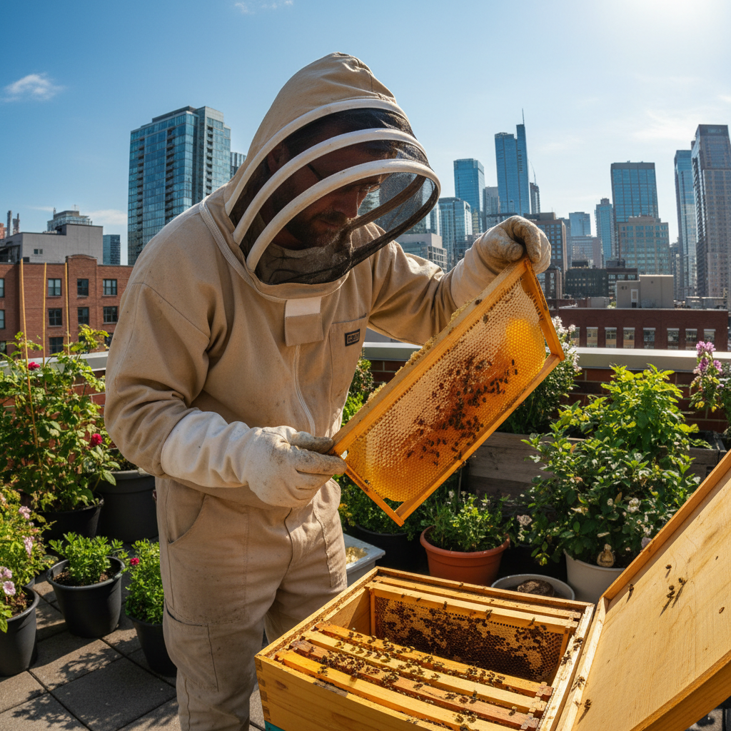 Beekeeper tending rooftop hive on NYC building, warm afternoon light, golden honeycomb frames visible, dark urban rooftop background