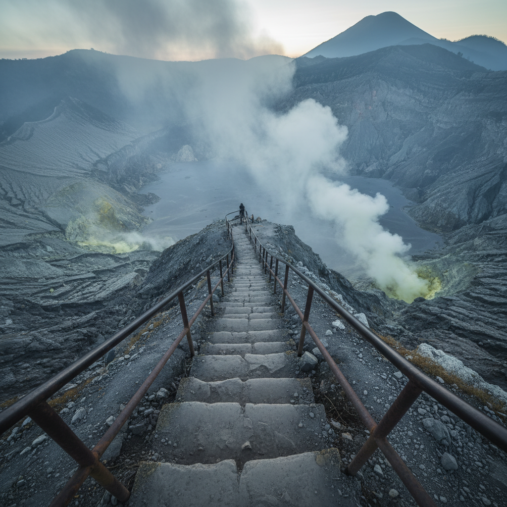 Kawah Tangkuban Perahu yang aktif dengan asap belerang dan pemandangan gunung berapi