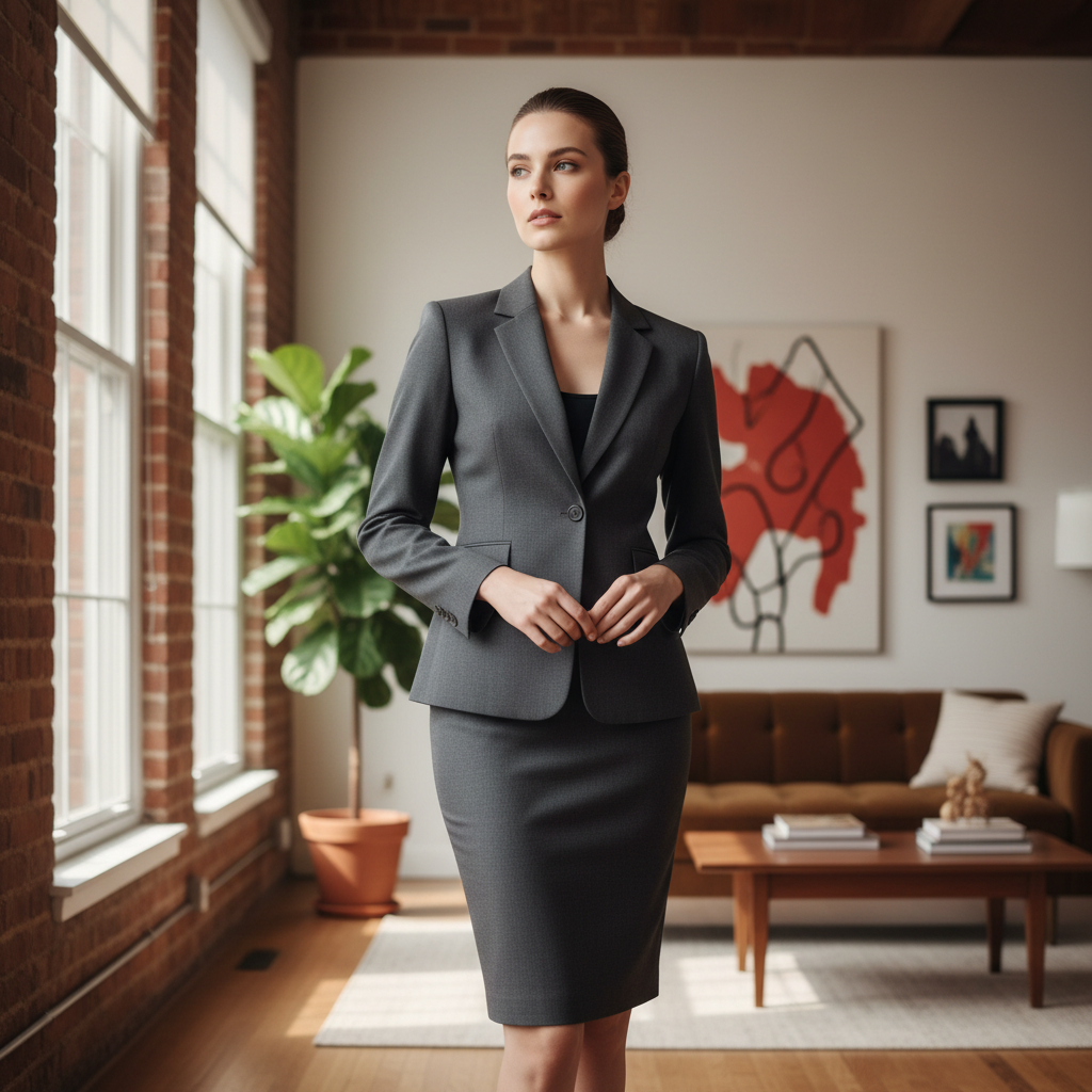 Confident woman in elegant evening dress in a modern luxury apartment with warm golden-hour sunlight streaming through floor-to-ceiling windows, romantic cinematic atmosphere
