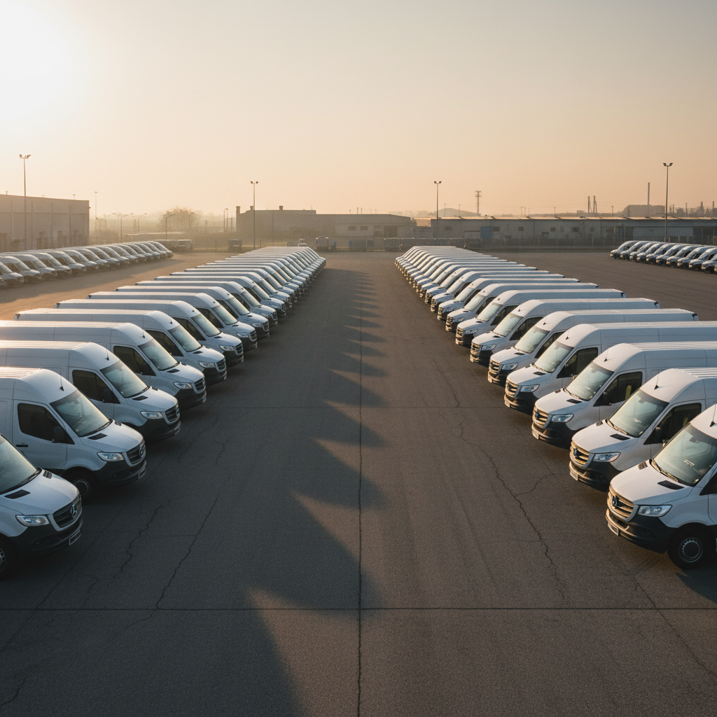 Logistics fleet of white trucks parked in a large depot yard at dawn, organised rows of commercial vehicles ready for dispatch