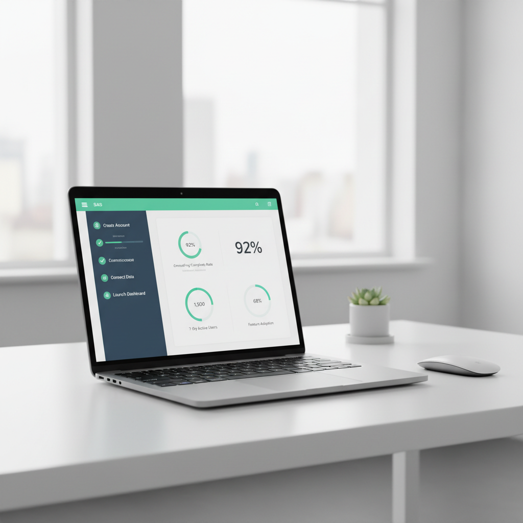 Laptop showing a SaaS product interface with user onboarding flow and metrics