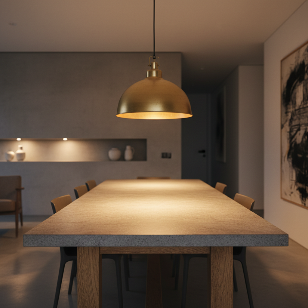Lumina brass pendant hanging above a concrete and oak dining table, the warm gold of the fixture the only warm tone in the frame