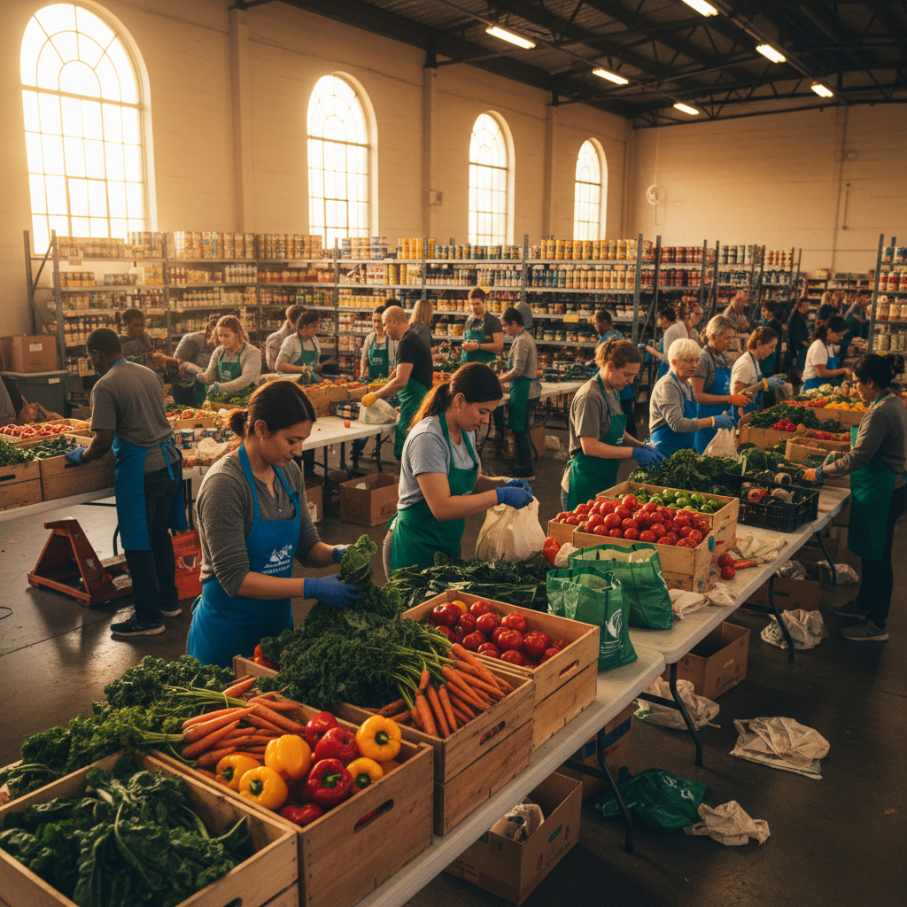 Volunteer sorting fresh vegetables and canned goods at a food bank warehouse at dawn, warm golden light filtering through high windows