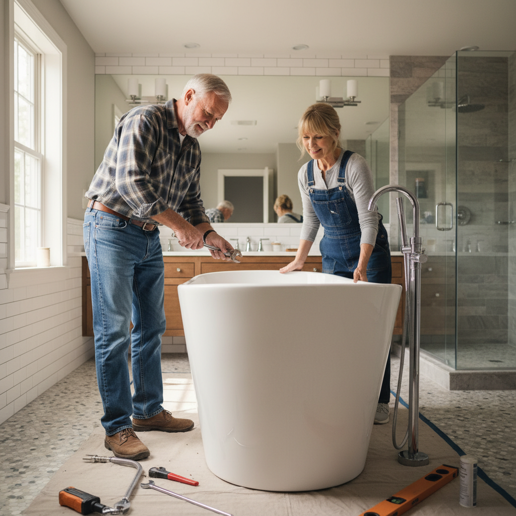 Clearwater Plumbing completed work — freestanding soaker tub installation in renovated PEI bathroom