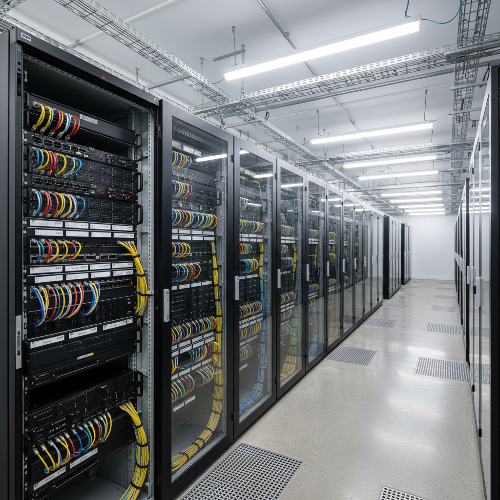 Professional server room with organized rack-mounted servers and cable management