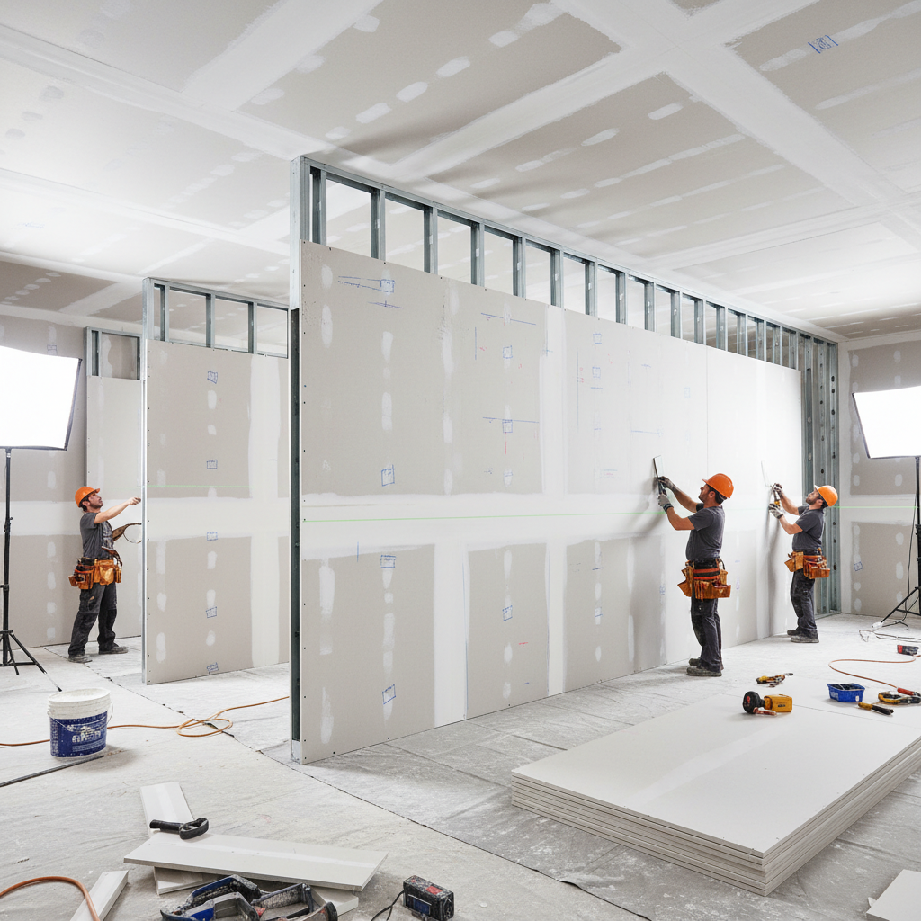Professional drywall construction with clean white panels and precise measurements
