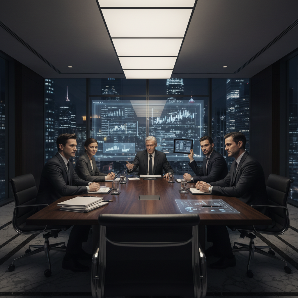 Modern glass boardroom with city skyline at dusk, dark interior with warm amber accent lighting