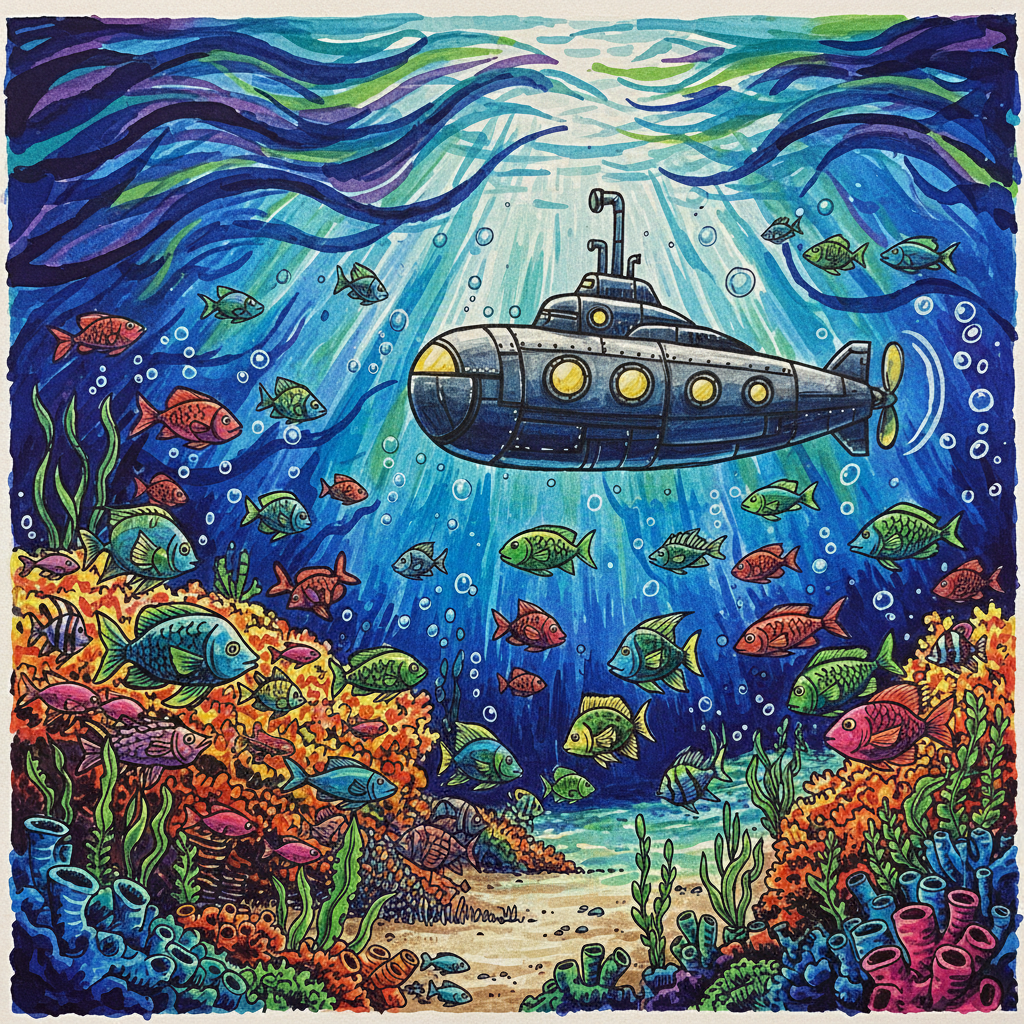 Marker drawing of a detailed underwater scene with fish coral and a submarine