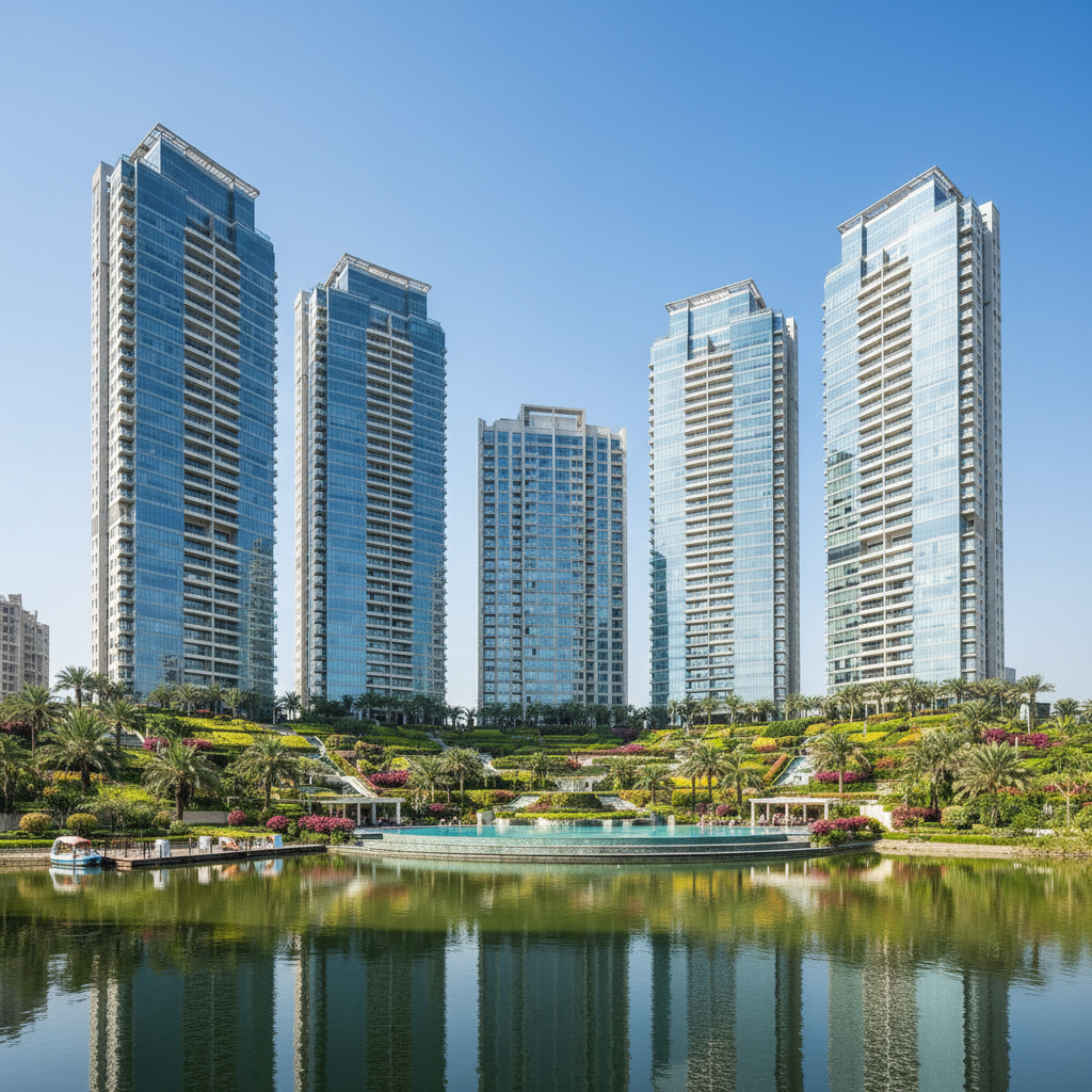 Modern residential apartment tower with glass facade and landscaped gardens at Prestige Lakeside Habitat