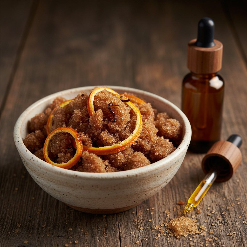 Brown sugar scrub in ceramic bowl with raw sugar crystals, orange peel strips, and essential oil dropper on wooden surface