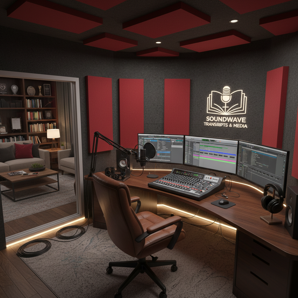 Sound design studio with mixing board, monitors, and acoustic panels in professional recording environment