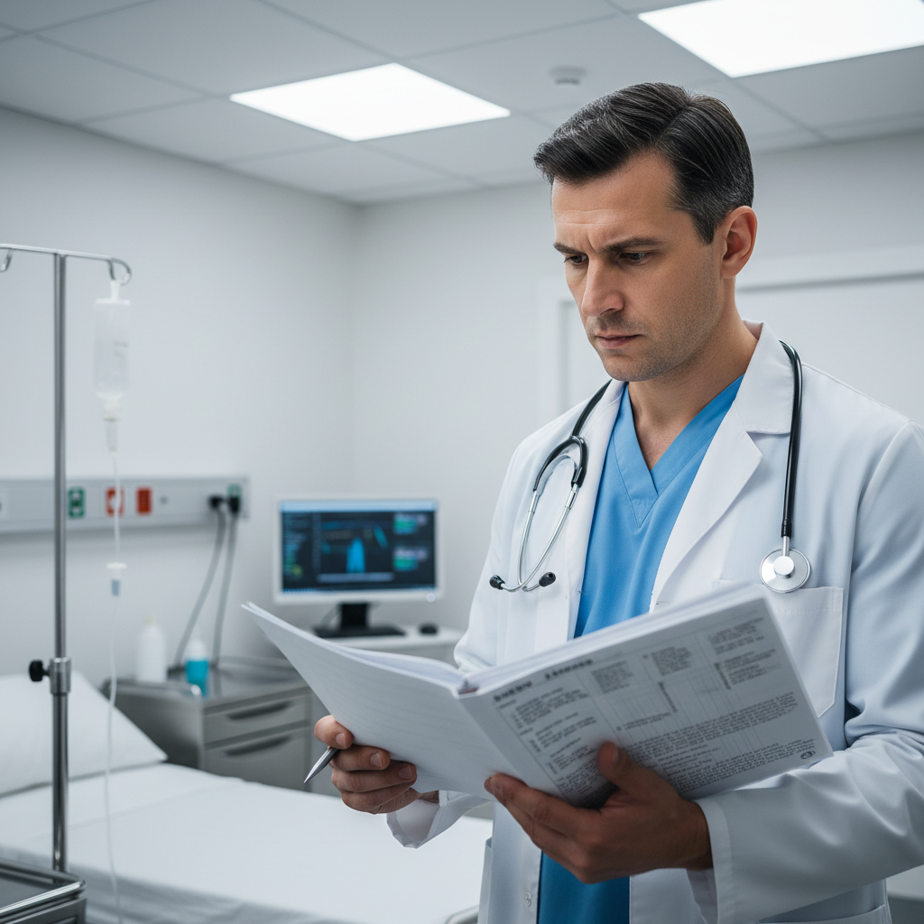 Neurologist reviewing patient chart in modern office, warm well-lit professional setting, natural light