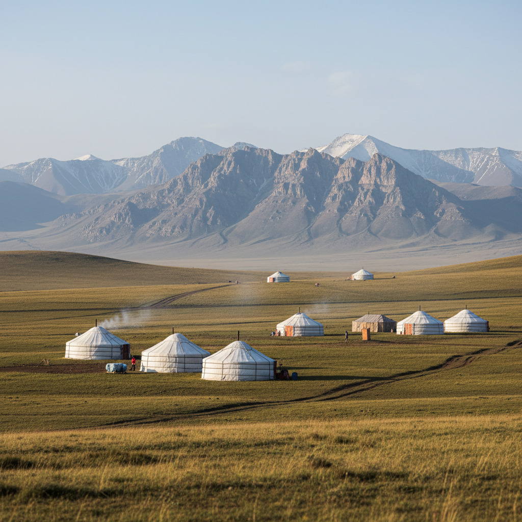 Traditional Mongolian ger camp on the vast steppe with mountains Mongolia