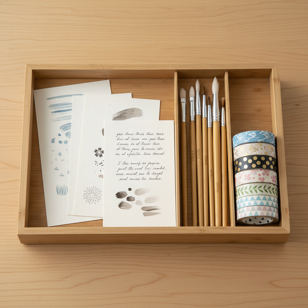Curated art toolkit with handwritten technique cards, fresh brushes, and Japanese washi tape in a wooden tray
