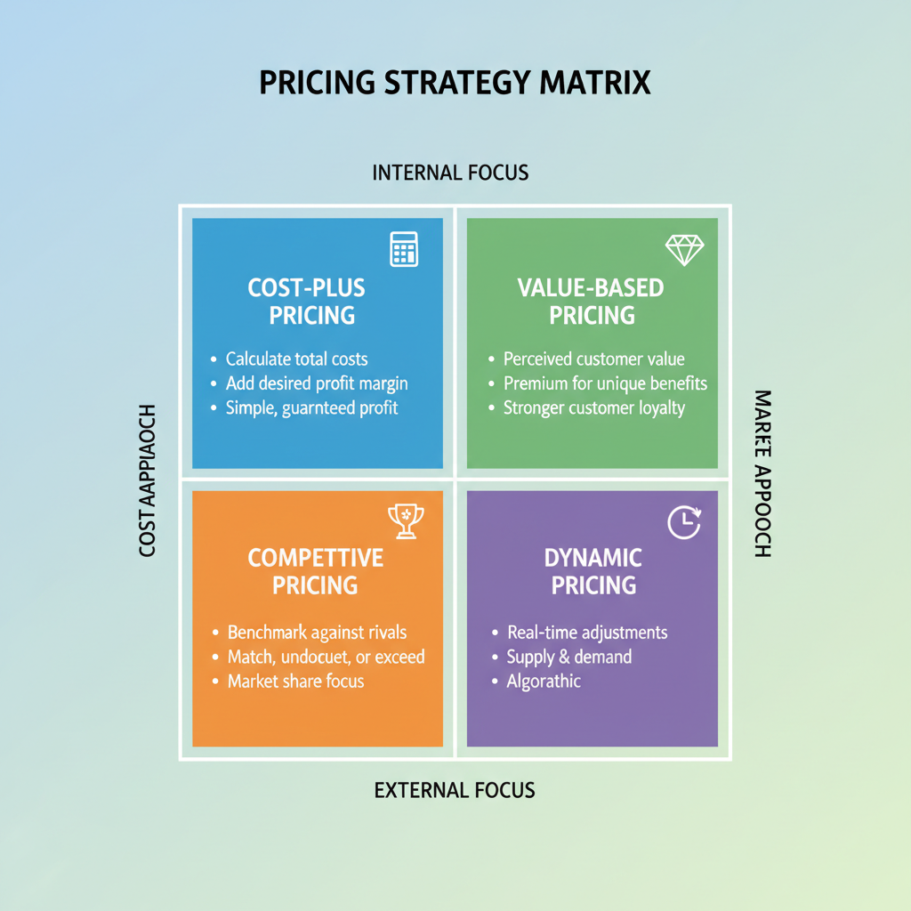 Pricing strategy matrix showing value-based cost-plus and competitive pricing models
