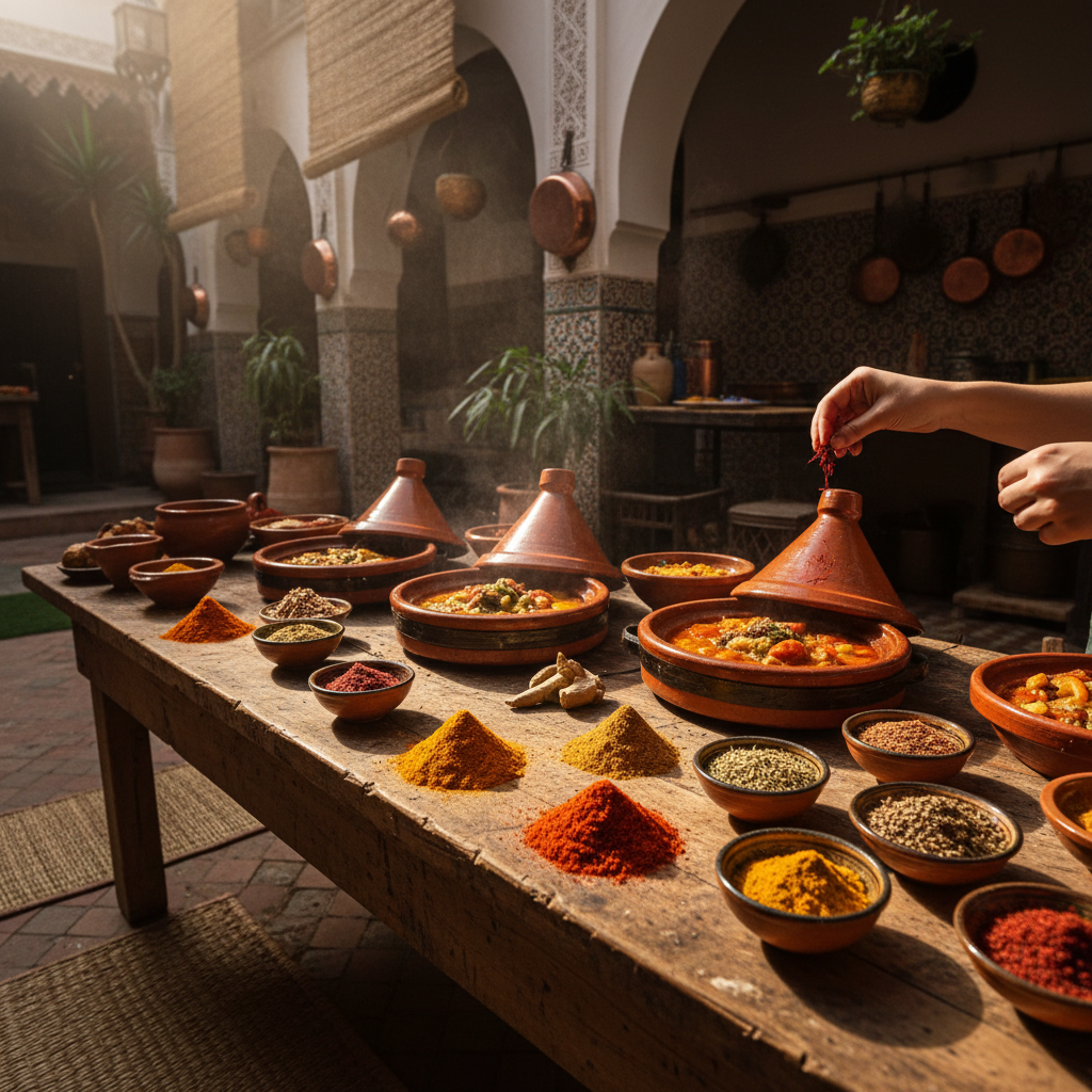 Colourful Moroccan tagine and spices arranged on a traditional mosaic table in Marrakech