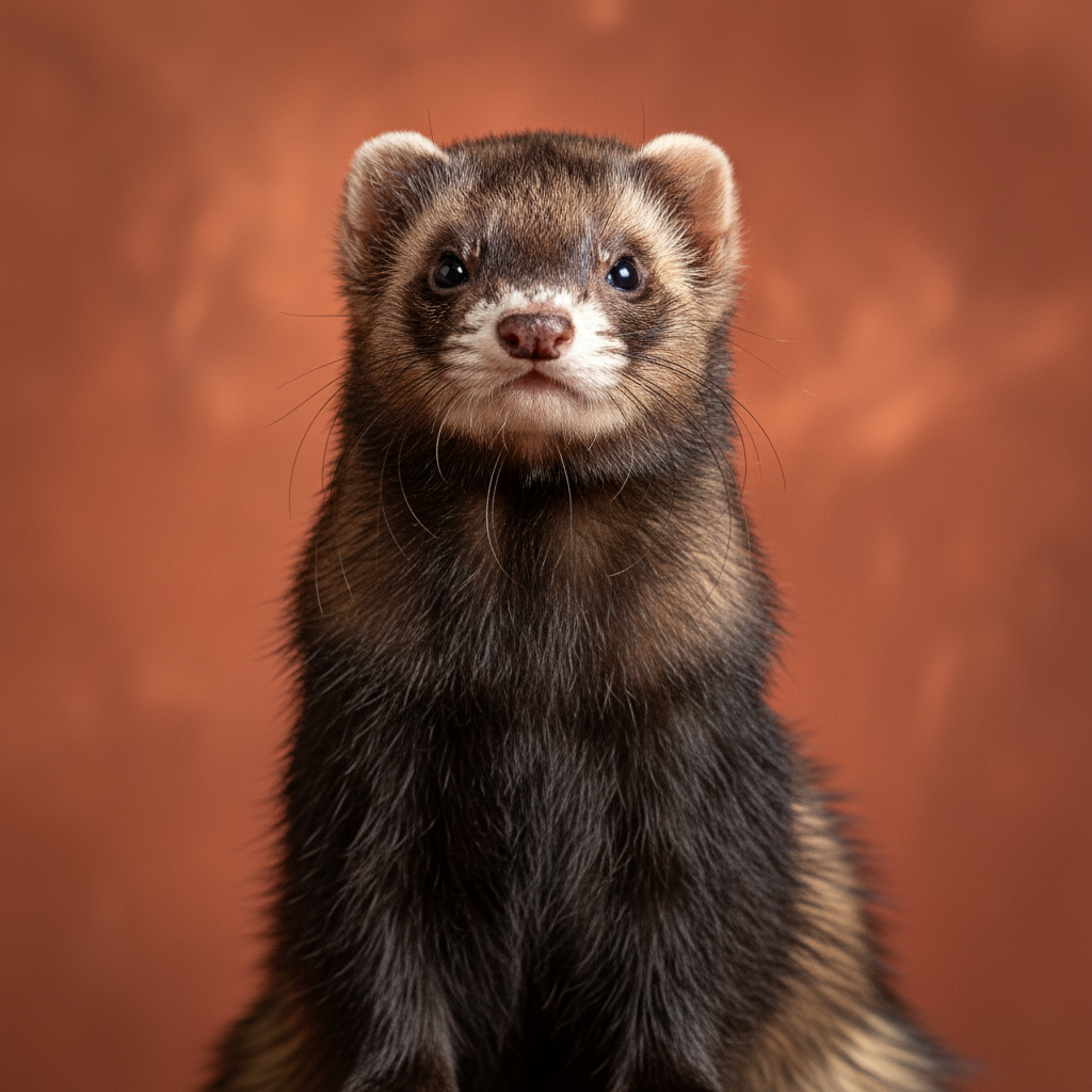 Sable mitt ferret portrait against warm rust backdrop, sitting upright with regal posture