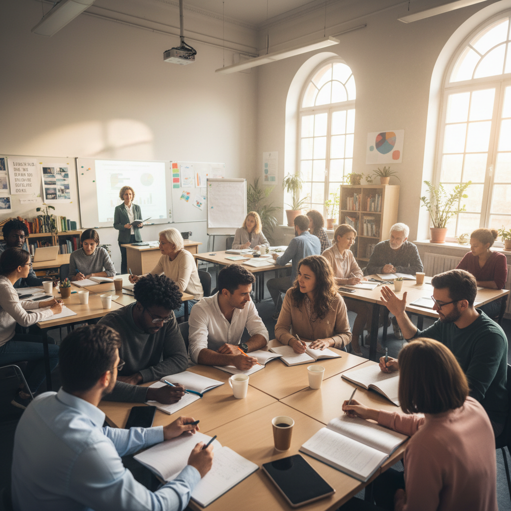 Gruppe Erwachsener lernt gemeinsam in einem modernen Online-Kurs, helles Ambiente