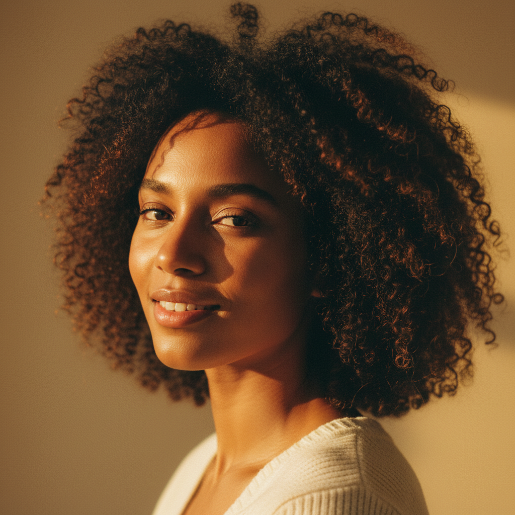 Professional woman with natural hair, warm studio lighting, confident expression