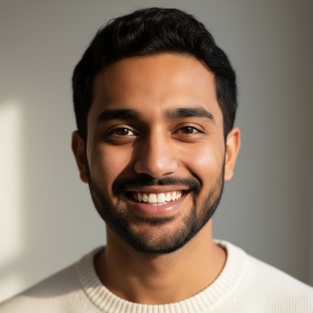 Professional South Asian man in formal shirt, academic background, natural light