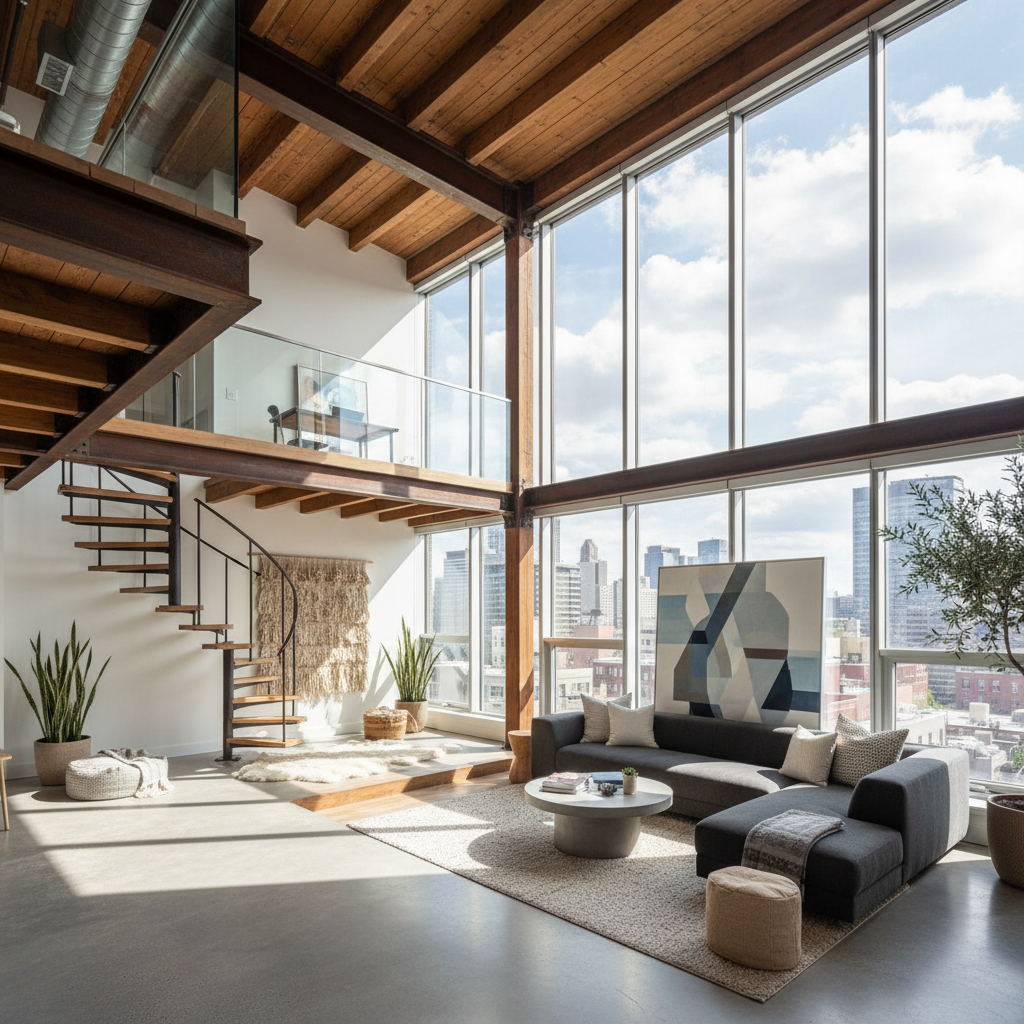 Open-plan loft apartment with harbour views in Rotterdam