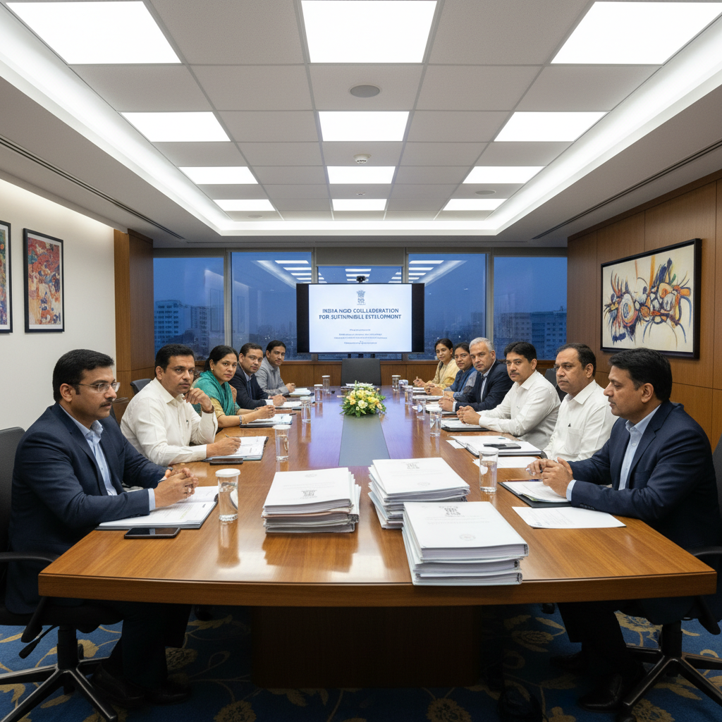 Professional delegation meeting with Japanese and Indian officials seated around a conference table with documents