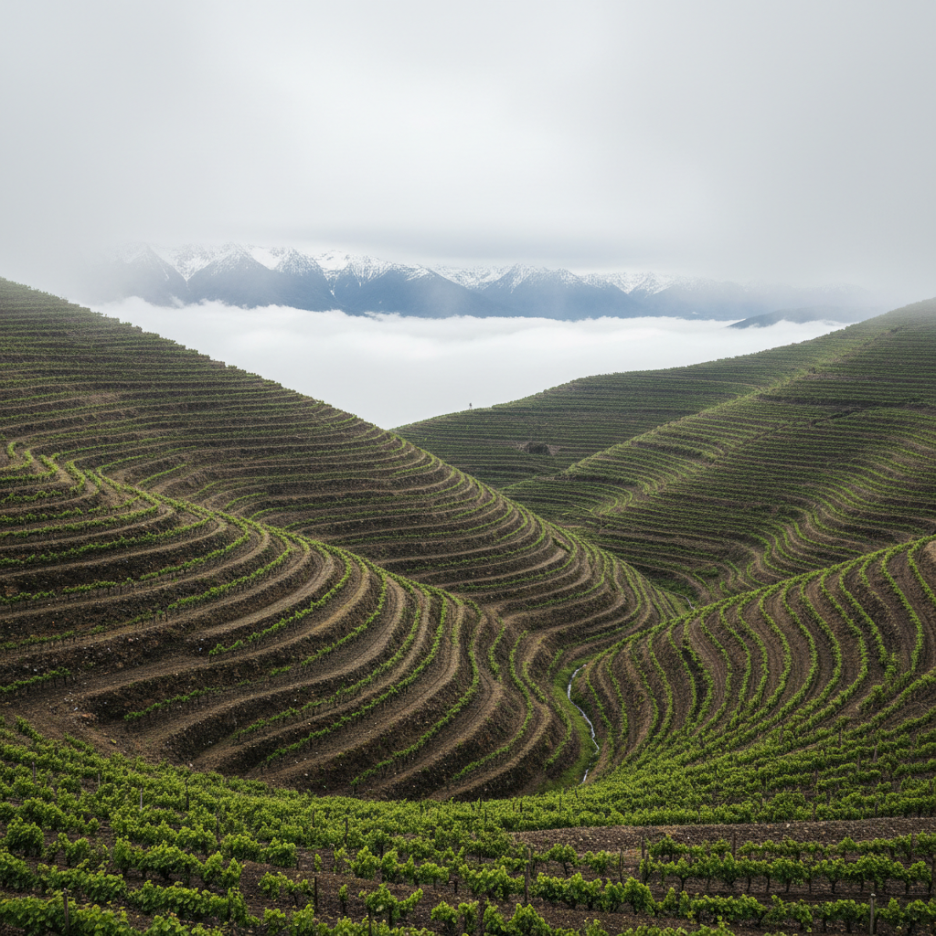 High-altitude vineyard rows on steep terraced slopes above the fog line with snow-capped peaks in background