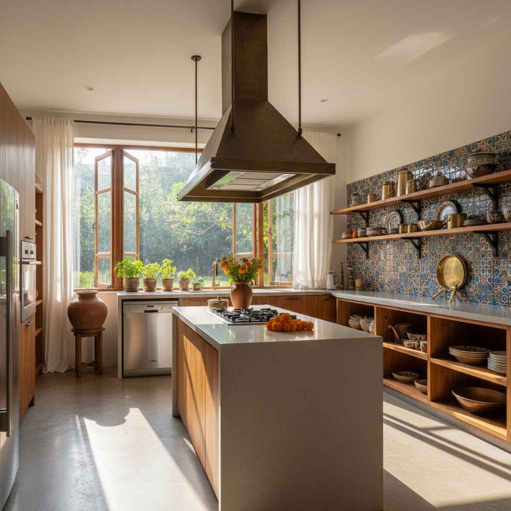 Modern Indian kitchen with colourful cookware and home decor items, warm natural lighting