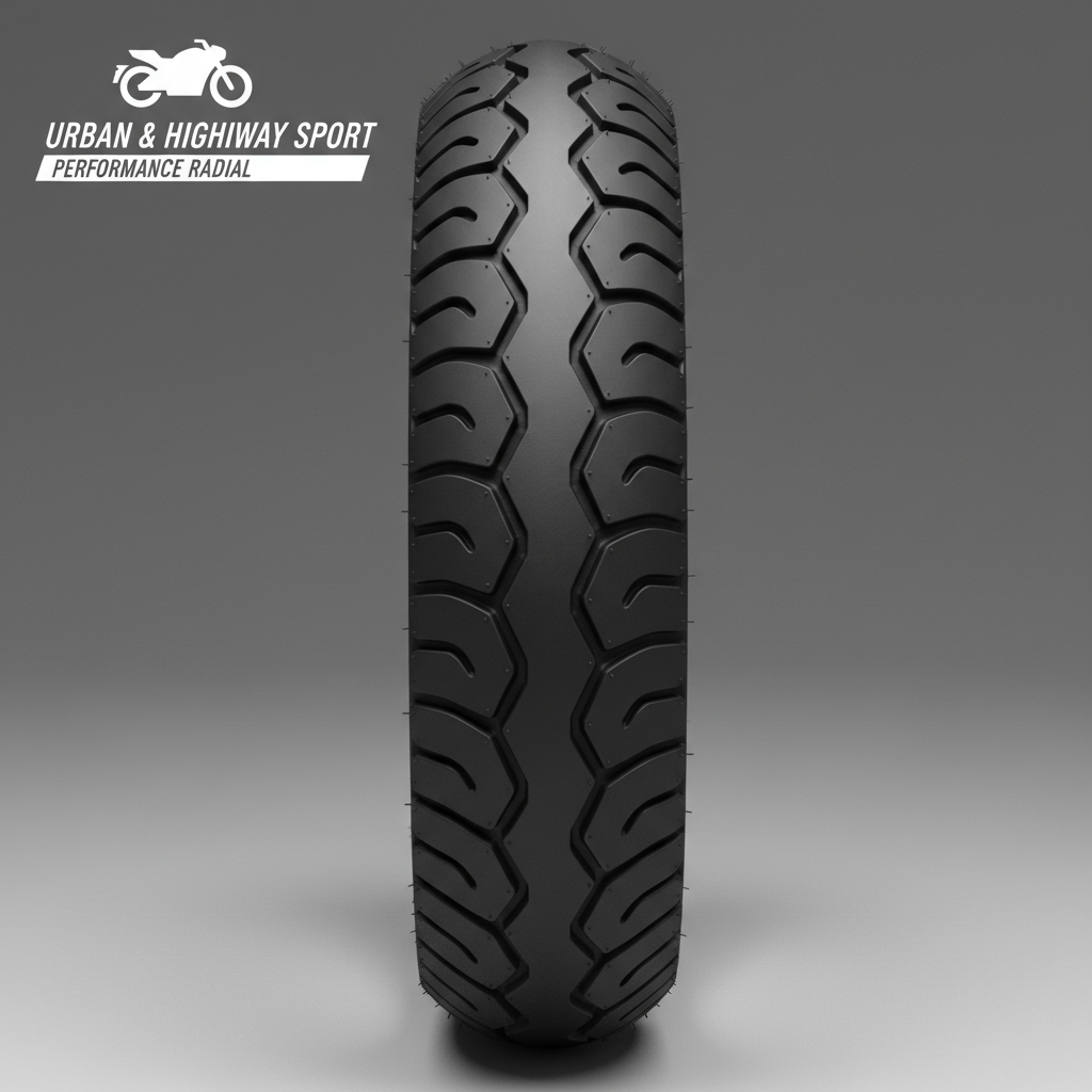 Motorcycle tire showing performance tread for urban and highway riding