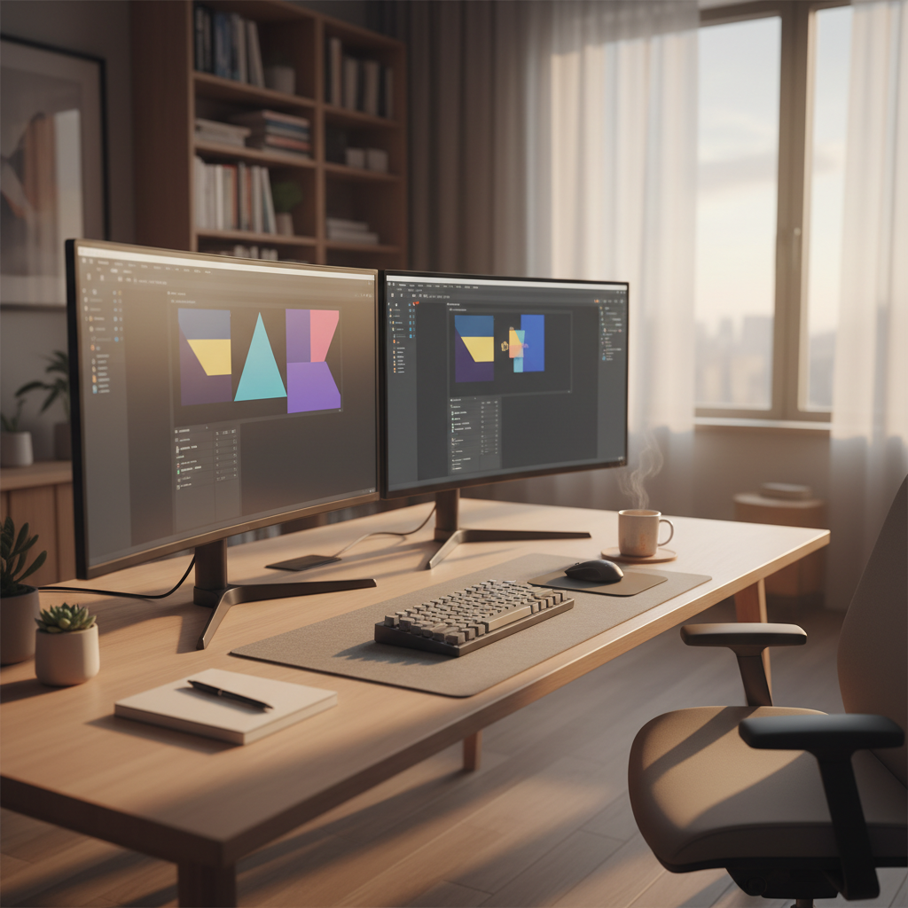 Figma design workspace, dark UI screens floating on black background, purple-tinted interface components, dim studio lighting, design system grids visible