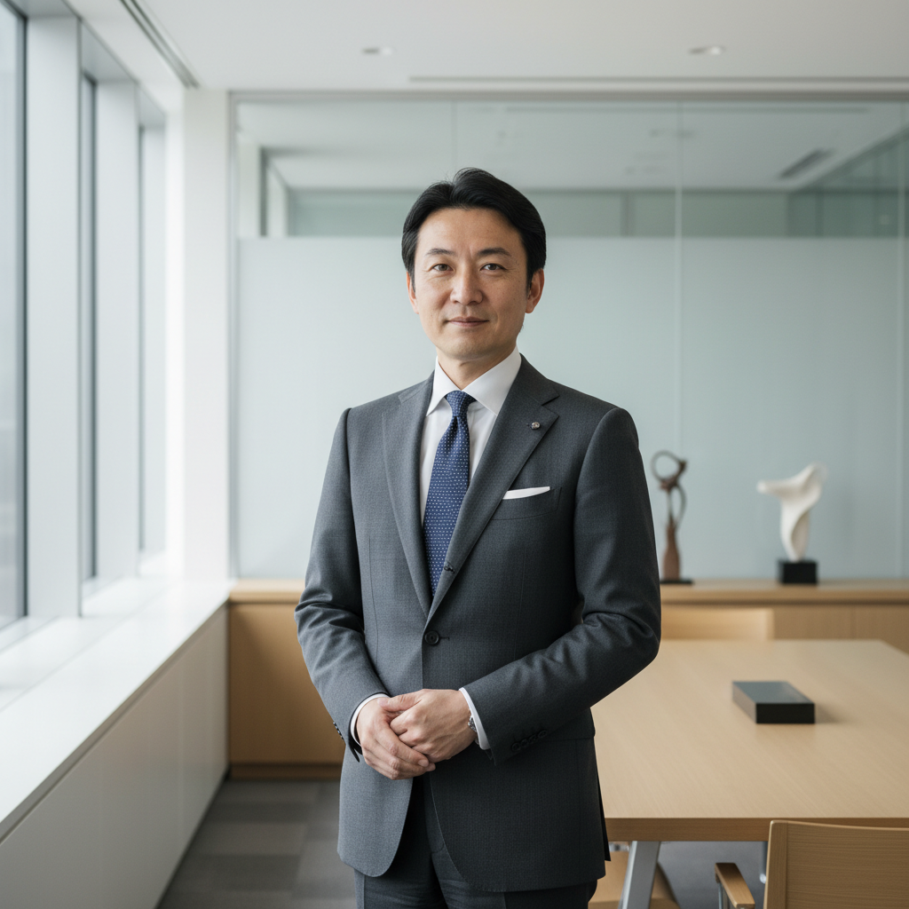 Japanese executive photographed in minimalist Tokyo office, serene and authoritative