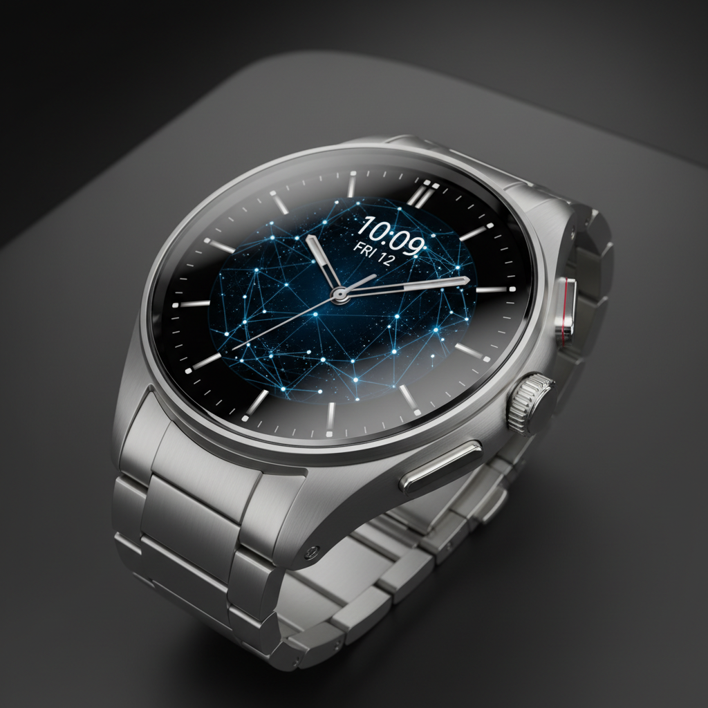Smartwatch with glowing cyan digital face on dark background