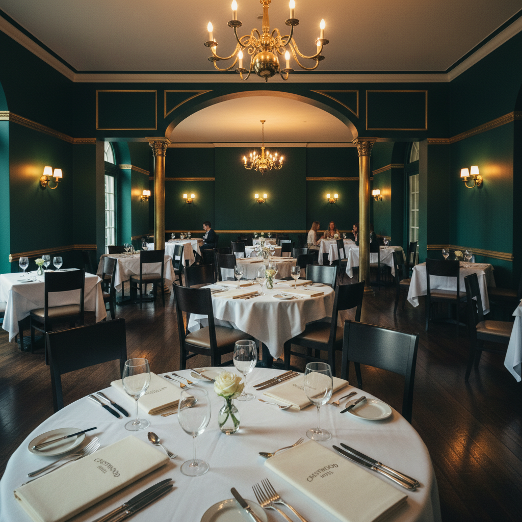 Crestwood hotel dining room with dark emerald walls, brass fixtures, and linen-bound menus on white tablecloths