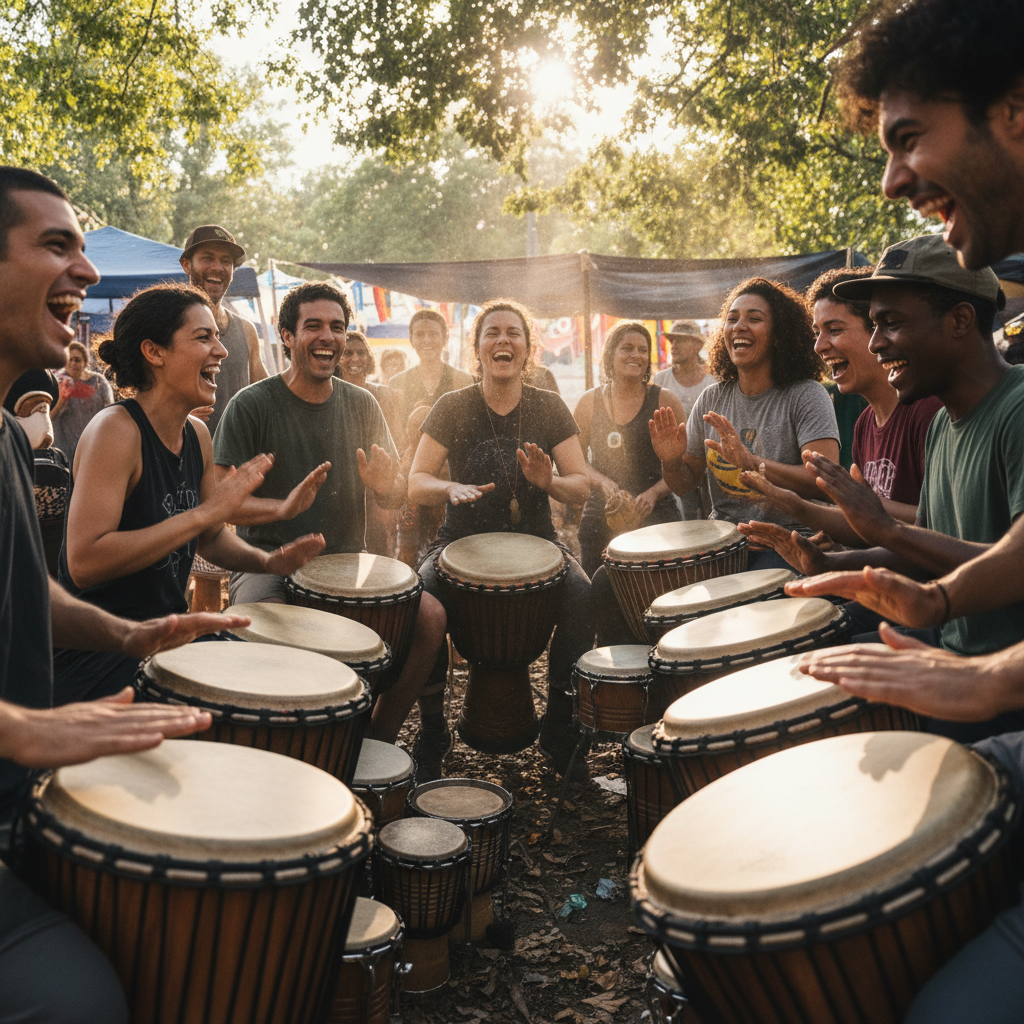 Diverse community members mid-joy during a Pulse drum circle session, laughing and playing together