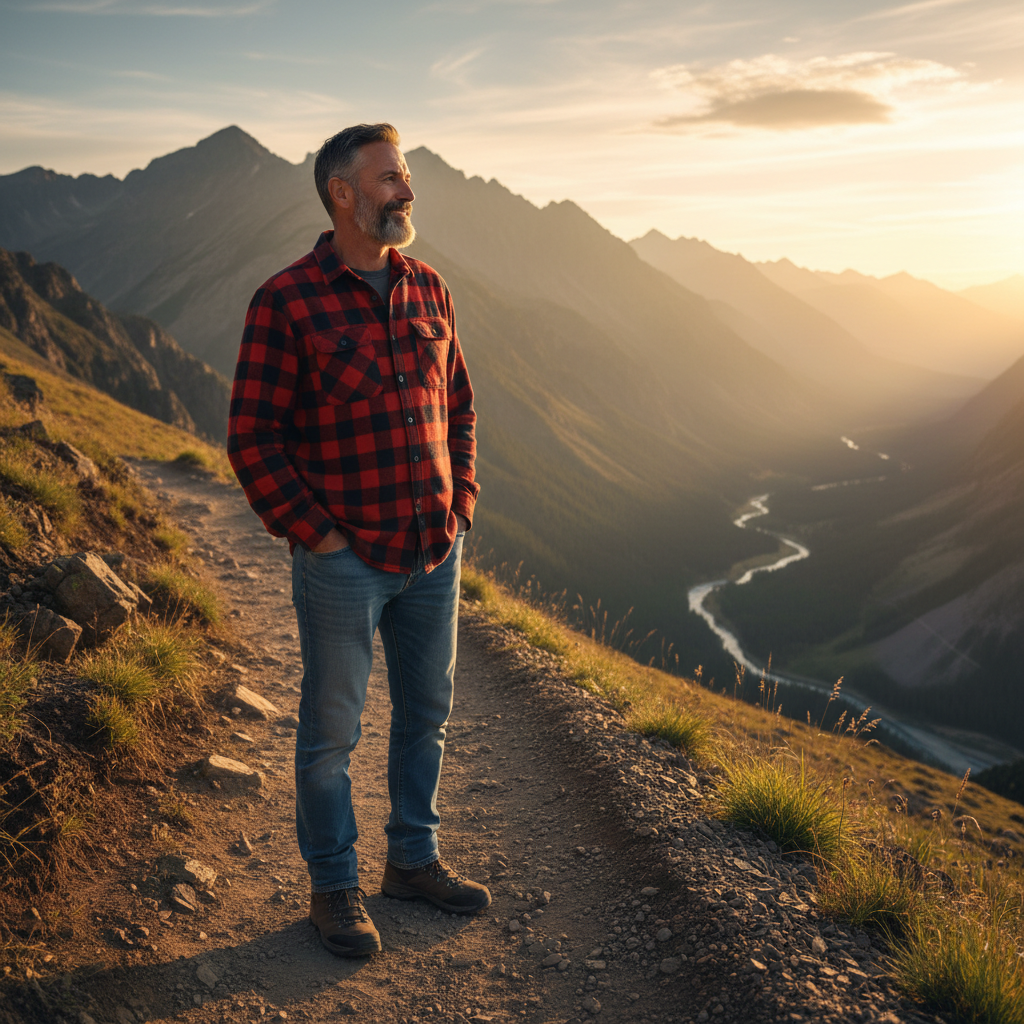 Middle-aged man with beard and flannel shirt standing on a mountain trail at golden hour
